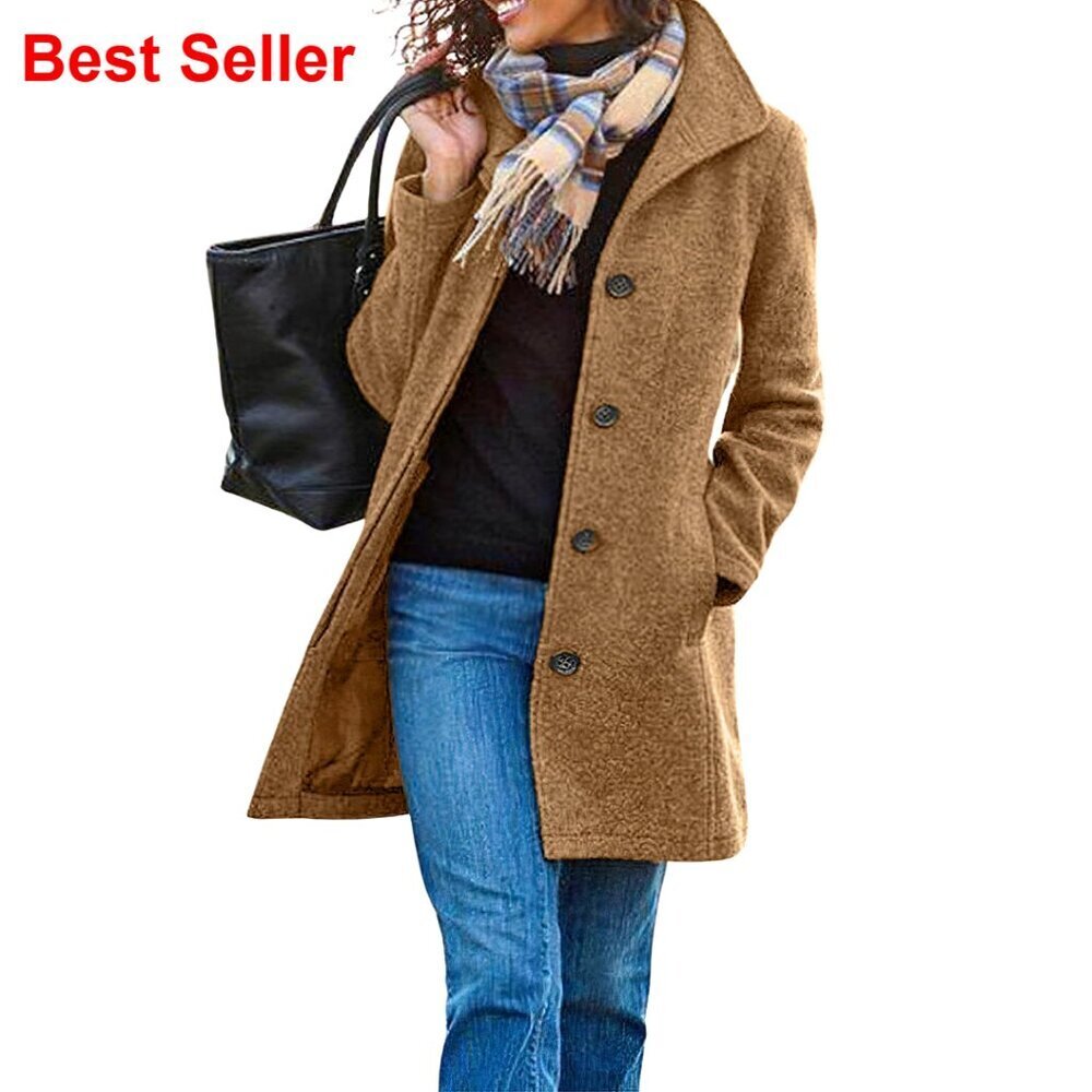 Thickened Wool Blend Pea Coat with Stand Collar and Pockets